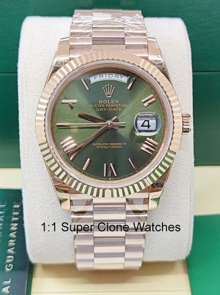 Rolex Day Date 40mm Super Clone Swiss Replica Watch | 18k Rose Gold President Bracelet | Olive Green Dial Ref 228235 | 3255 Swiss Movement
