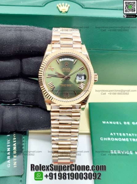 Rolex Day Date 40mm Super Clone Swiss Replica Watch | 18k Rose Gold President Bracelet | Olive Green Dial Ref 228235 | 3255 Swiss Movement - Image 5