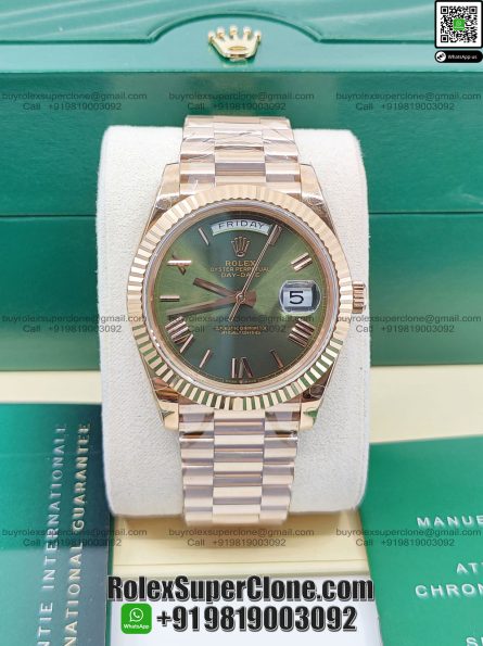 Rolex Day Date 40mm Super Clone Swiss Replica Watch | 18k Rose Gold President Bracelet | Olive Green Dial Ref 228235 | 3255 Swiss Movement - Image 3