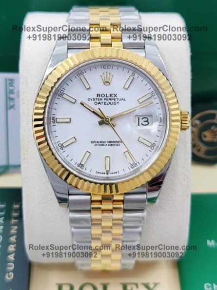 Rolex Datejust 41mm Super Clone Swiss Replica Watch | Two Tone Jubilee Bracelet | White Dial Ref 126333 | 3235 Swiss Movement