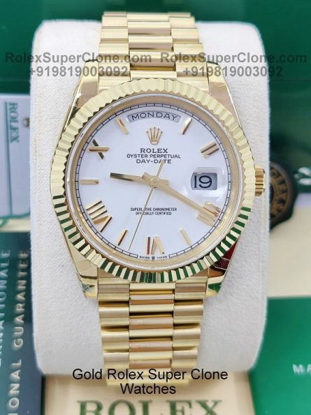 Rolex Day Date 40mm Super Clone Swiss Replica Watch | 18k Gold President Bracelet | White Dial Ref 228238 | 3255 Swiss Movement