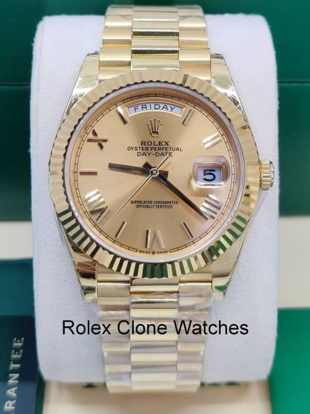 Rolex Day Date 40mm Super Clone Swiss Replica Watch | 18k Gold President Bracelet | Champagne Dial Ref 228238 | 3255 Swiss Movement