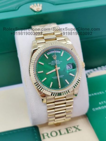 Rolex Day Date 40mm Super Clone Swiss Replica Watch | 18k Gold President Bracelet | Green Dial Ref 228238 | 3255 Swiss Movement - Image 3