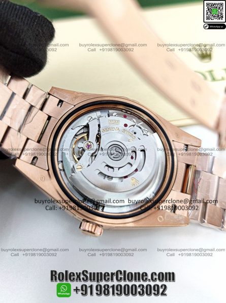 Rolex Day Date 40mm Super Clone Swiss Replica Watch | Diamond Bezel 18k Rose Gold President Bracelet | Chocolate Dial with Baguette Diamonds Ref 228345RBR | 3255 Swiss Movement - Image 6