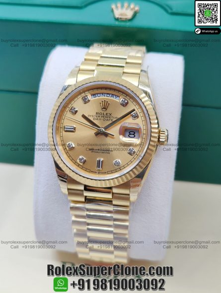 Rolex Day Date 36mm Super Clone Swiss Replica Watch | 18k Gold President Bracelet | Champagne Dial with Baguette Diamonds Ref 128238 | 3255 Swiss Movement - Image 4