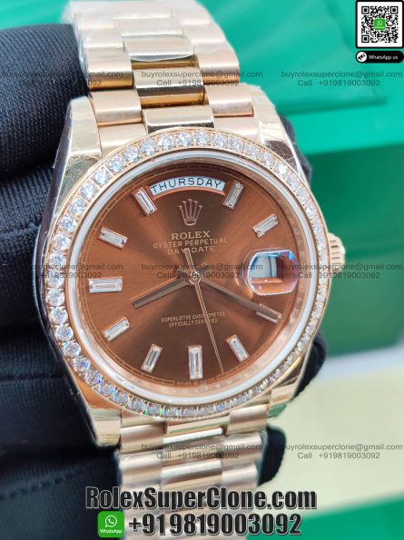Rolex Day Date 40mm Super Clone Swiss Replica Watch | Diamond Bezel 18k Rose Gold President Bracelet | Chocolate Dial with Baguette Diamonds Ref 228345RBR | 3255 Swiss Movement - Image 3