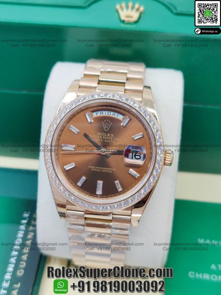 Rolex Day Date 40mm Super Clone Swiss Replica Watch | Diamond Bezel 18k Rose Gold President Bracelet | Chocolate Dial with Baguette Diamonds Ref 228345RBR | 3255 Swiss Movement - Image 5