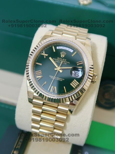 Rolex Day Date 40mm Super Clone Swiss Replica Watch | 18k Gold President Bracelet | Green Roman Dial Ref 228238 | 3255 Swiss Movement - Image 2