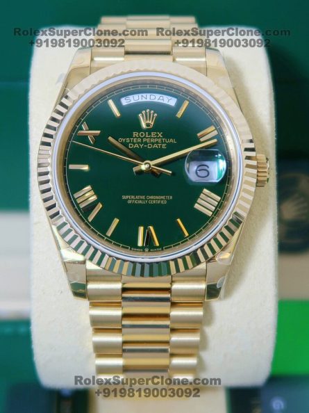 Rolex Day Date 40mm Super Clone Swiss Replica Watch | 18k Gold President Bracelet | Green Roman Dial Ref 228238 | 3255 Swiss Movement