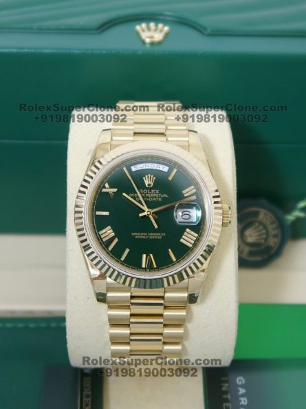 Rolex Day Date 40mm Super Clone Swiss Replica Watch | 18k Gold President Bracelet | Green Roman Dial Ref 228238 | 3255 Swiss Movement - Image 3