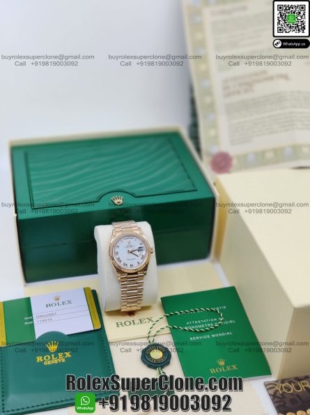 Rolex Day Date 36mm Super Clone Swiss Replica Watch | 18k Rose Gold President Bracelet | White Dial Ref 128235 | 3255 Swiss Movement - Image 3