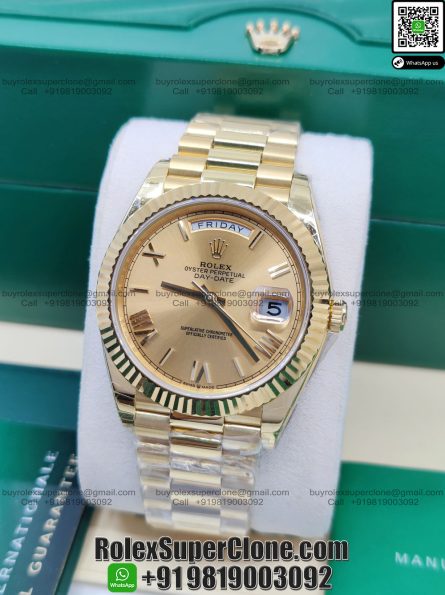 Rolex Day Date 40mm Super Clone Swiss Replica Watch | 18k Gold President Bracelet | Champagne Dial Ref 228238 | 3255 Swiss Movement - Image 3