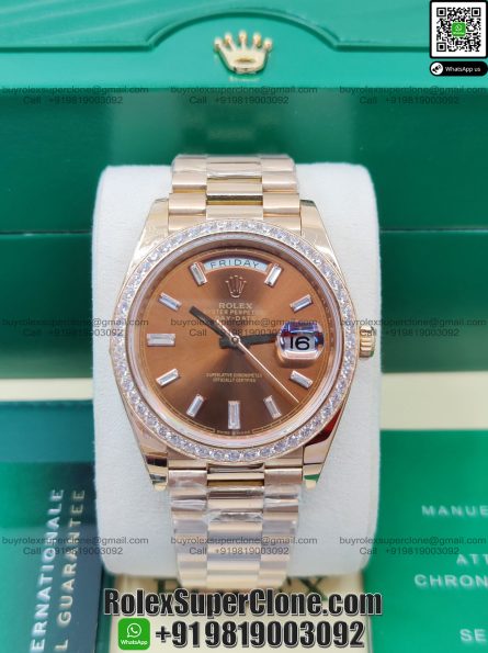 Rolex Day Date 40mm Super Clone Swiss Replica Watch | Diamond Bezel 18k Rose Gold President Bracelet | Chocolate Dial with Baguette Diamonds Ref 228345RBR | 3255 Swiss Movement - Image 4
