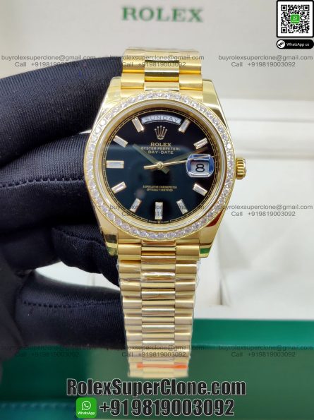 Rolex Day Date 40mm Super Clone Swiss Replica Watch | Diamond Bezel 18k Gold President Bracelet | Black Dial with Baguette Diamonds Ref 228348RBR | 3255 Swiss Movement - Image 4