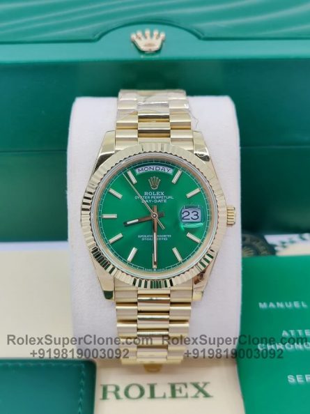 Rolex Day Date 40mm Super Clone Swiss Replica Watch | 18k Gold President Bracelet | Green Dial Ref 228238 | 3255 Swiss Movement - Image 5