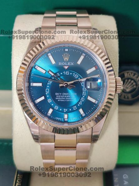 Rolex Sky-Dweller Blue Dial Super Clone Swiss Replica Watch | 18k Rose Gold Oyster Bracelet Ref 336935 | 9002 Swiss Movement