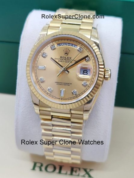 Rolex Day Date 36mm Super Clone Swiss Replica Watch | 18k Gold President Bracelet | Champagne Dial with Baguette Diamonds Ref 128238 | 3255 Swiss Movement