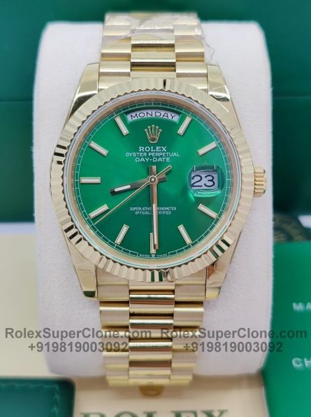 Rolex Day Date 40mm Super Clone Swiss Replica Watch | 18k Gold President Bracelet | Green Dial Ref 228238 | 3255 Swiss Movement