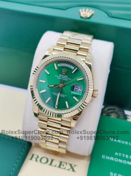 Rolex Day Date 40mm Super Clone Swiss Replica Watch | 18k Gold President Bracelet | Green Dial Ref 228238 | 3255 Swiss Movement - Image 6