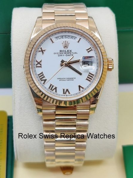 Rolex Day Date 36mm Super Clone Swiss Replica Watch | 18k Rose Gold President Bracelet | White Dial Ref 128235 | 3255 Swiss Movement