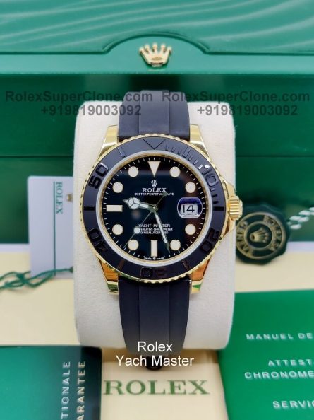 Rolex Yacht Master 18k Yellow Gold Super Clone Swiss Replica Watch | OysterFlex Rubber Strap | Ref 226658 | 3235 Swiss Movement - Image 5