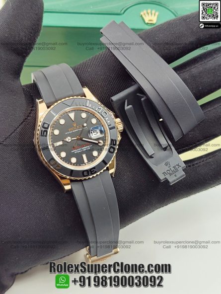 Rolex Yacht Master 18k Rose Gold Super Clone Swiss Replica Watch | OysterFlex Rubber Strap | Ref 126655 | 3235 Swiss Movement - Image 4