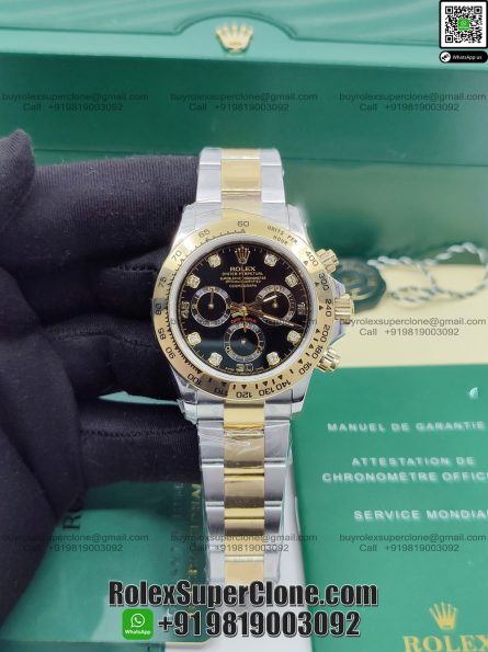 Rolex Daytona Black Dial Diamond Markers Two Tone Bracelet Super Clone Swiss Replica Watch | Ref 116503 | 4130 Swiss Movement - Image 4