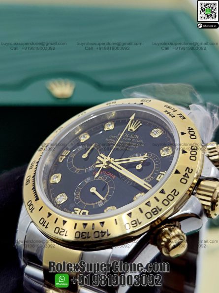Rolex Daytona Black Dial Diamond Markers Two Tone Bracelet Super Clone Swiss Replica Watch | Ref 116503 | 4130 Swiss Movement - Image 3