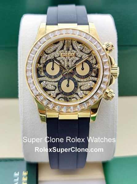 Rolex Daytona Eye Of Tiger Super Clone Swiss Replica Watch | 18k Gold Baguette Diamonds Bezel | OysterFlex Rubber Strap | Ref 116588TBR | 4130 Swiss Movement